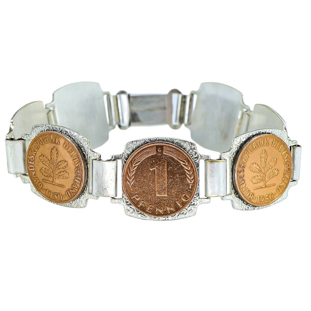 Vintage Mid Century German Pfennig Coin Bracelet West Germany Travel Souvenir